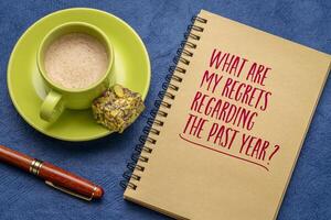 What are my regrets regarding  the past year. Self reflection question on a napkin. Review of failures in the past year. photo