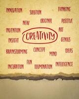 creativity concept - cloud of related words, handwriting on art paper photo