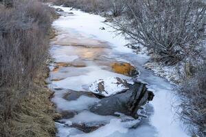 frozen creek with sunset reflections photo