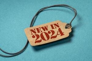 new in 2024 - red stencil text on a paper price tag against blue paper, business marketing concept photo