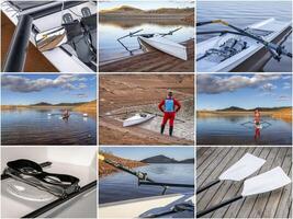 collage of images of a coastal rowing shell on Horsetooth Reservoir in Colorado featuring the same senior male rower photo