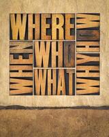 who, what, how, why, where, when, questions  -  brainstorming or decision making concept - a collage of words in vintage letterpress wood type on art paper photo