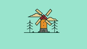 windmill animated flat cartoon, view windmill, cloud, and pine tree in motion design. video