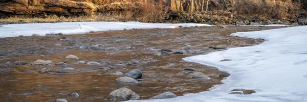 Poudre River and sandstone cliff near Fort Collins, Colorado, in winter scenery photo