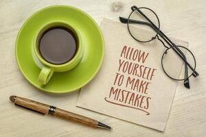 allow yourself to make mistakes, inspirational note on napkin, personal development concept photo