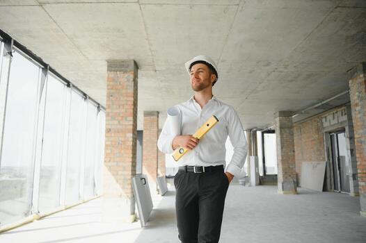 Close up engineers working on a building site holding a blueprints.Engineering and architecture concept photo