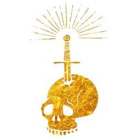Hand drawn gold foil texture stabbed skull by a sword. Vector illustration.