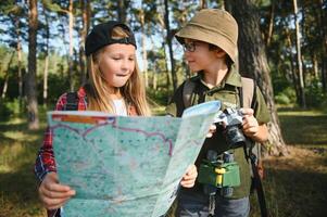 niños exploradores en el bosque. foto