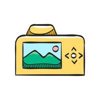 Camera icon in hand drawn color vector illustration