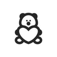 Teddy bear holding heart symbol icon in thick outline. Black and white monochrome vector illustration.