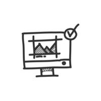 Computer and check mark icon in hand drawn doodle vector