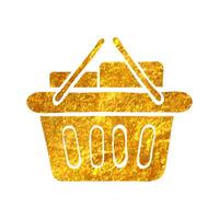 Hand drawn Shopping basket icon in gold foil texture vector illustration
