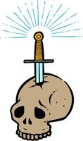 Hand drawn stabbed skull by a sword color vector illustration