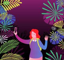 Woman taking selfie using smart phone in front of colorful vegetation vector