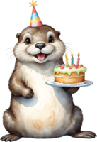 AI generated otter Watercolor animal with birthday cake, Cute animal with cake, Animal birthday celebration png