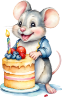 ai generiert Maus Aquarell Tier mit Geburtstag Kuchen, süß Tier mit Kuchen, Tier Geburtstag Feier png