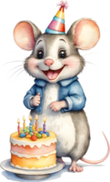 ai generiert Maus Aquarell Tier mit Geburtstag Kuchen, süß Tier mit Kuchen, Tier Geburtstag Feier png