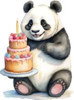 AI generated panda Watercolor animal with birthday cake, Cute animal with cake, Animal birthday celebration png