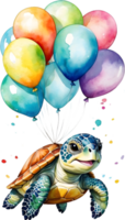 AI generated happy birthday sea turtle with balloons watercolor illustration png