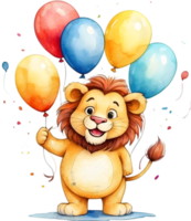 ai generiert glücklich Geburtstag Löwe mit Luftballons Aquarell Illustration png