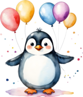 AI generated happy birthday penguin with balloons watercolor illustration png
