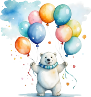 ai gerado feliz aniversário polar Urso com balões aguarela ilustração png