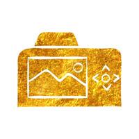 Hand drawn Camera icon in gold foil texture vector illustration