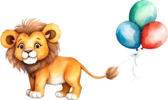 AI generated happy birthday lion with balloons watercolor illustration png