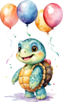 ai generado contento cumpleaños mar Tortuga con globos acuarela ilustración png