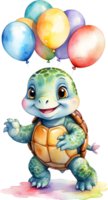 ai généré content anniversaire mer tortue avec des ballons aquarelle illustration png