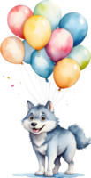 ai generato contento compleanno lupo con palloncini acquerello illustrazione png