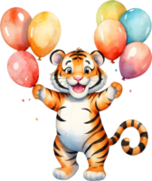 ai gerado feliz aniversário tigre com balões aguarela ilustração png