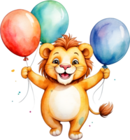 ai généré content anniversaire Lion avec des ballons aquarelle illustration png