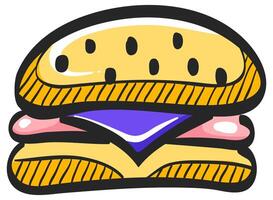 Burger icon in hand drawn color vector illustration