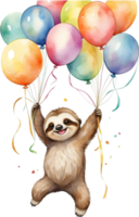 ai gerado feliz aniversário bicho-preguiça com balões aguarela ilustração png