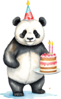 ai gegenereerd panda waterverf dier met verjaardag taart, schattig dier met taart, dier verjaardag viering png
