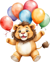 ai generiert glücklich Geburtstag Löwe mit Luftballons Aquarell Illustration png