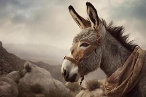 AI generated Animal donkey in the mountains. Whimsical Donkey Portrait photo