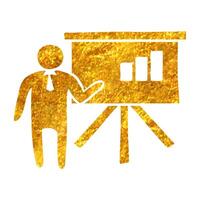 Hand drawn Businessman chart icon in gold foil texture vector illustration