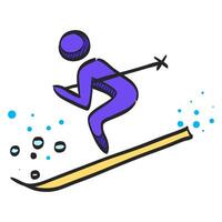 Ski icon in hand drawn color vector illustration