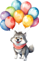 ai generado contento cumpleaños lobo con globos acuarela ilustración png