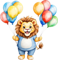AI generated happy birthday lion with balloons watercolor illustration png