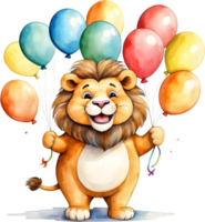 ai generado contento cumpleaños león con globos acuarela ilustración png