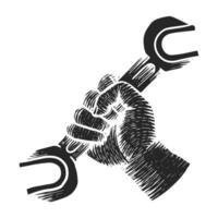 Hand drawn hand holding spanner wrench wood engraving vector illustration