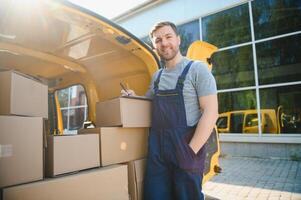 delivery service employee. Portrait of man working in delivery service photo