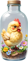 ai généré aveugle boîte charmant mignonne chibi poulet dans verre bouteille ,fleur jardin diorama, éclairage atelier, pastel, aquarelle illustration, main dessiner La peinture obsolète, plein corps png