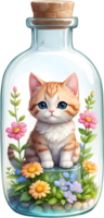 AI generated blind box lovely cute chibi cat in glass bottle ,flower garden diorama, lighting studio,pastel, watercolor illustration, hand draw painting obsoleted, full body png