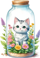 ai generiert blind Box schön süß Chibi Katze im Glas Flasche ,Blume Garten Diorama, Beleuchtung Studio, Pastell, Aquarell Illustration, Hand zeichnen Gemälde veraltet, voll Körper png