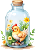 ai generado ciego caja encantador linda chibi pollo en vaso botella ,flor jardín diorama, Encendiendo estudio, pasteles, acuarela ilustración, mano dibujar pintura obsoleto, lleno cuerpo png