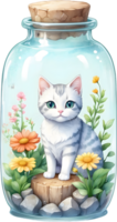 AI generated blind box lovely cute chibi cat in glass bottle ,flower garden diorama, lighting studio,pastel, watercolor illustration, hand draw painting obsoleted, full body png